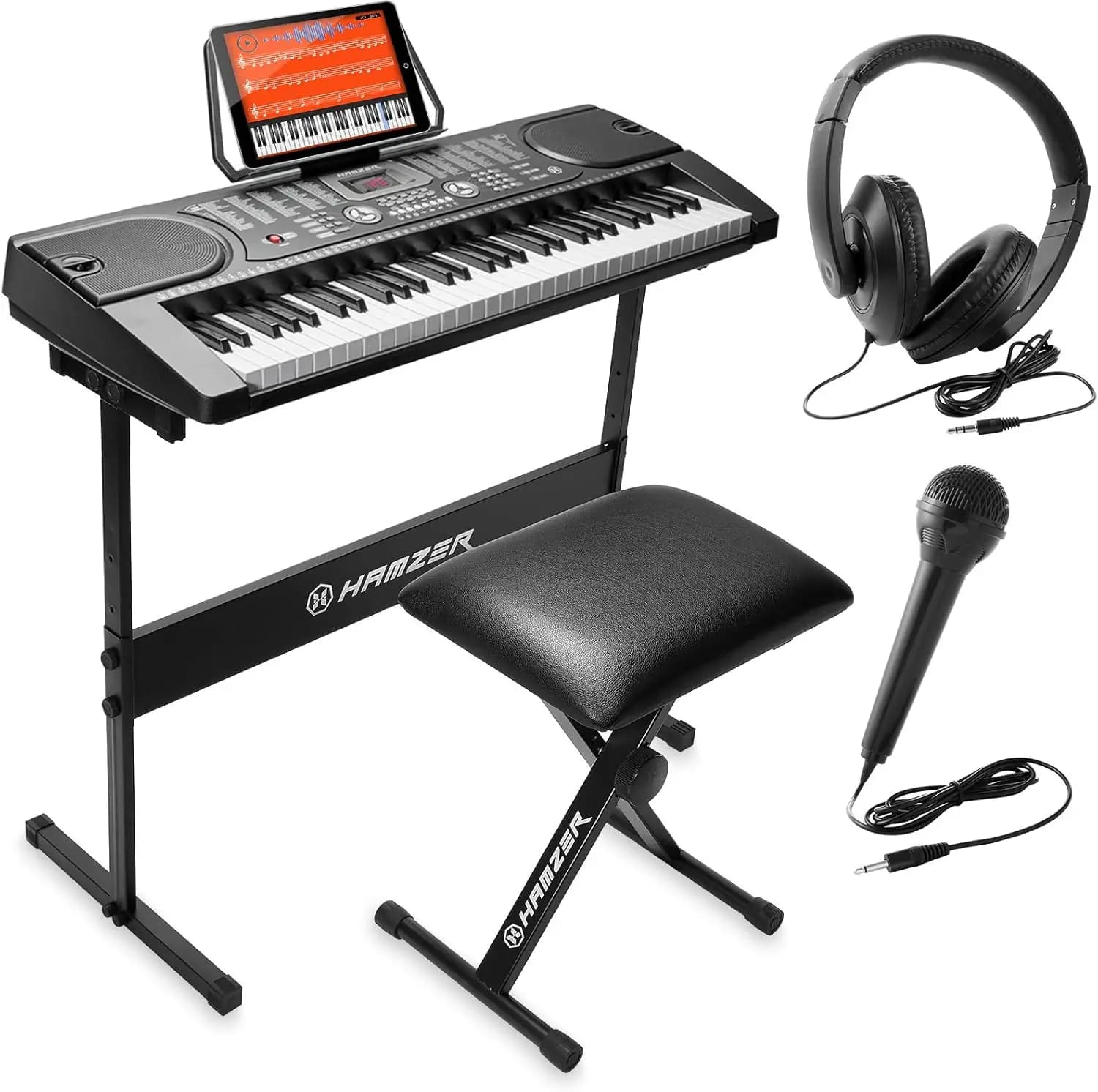 61-Key Digital Keyboard Piano Set for Beginners - Includes Stand, Bench, Built-In Speakers, Headphones, Microphone, and Keynote Stickers
