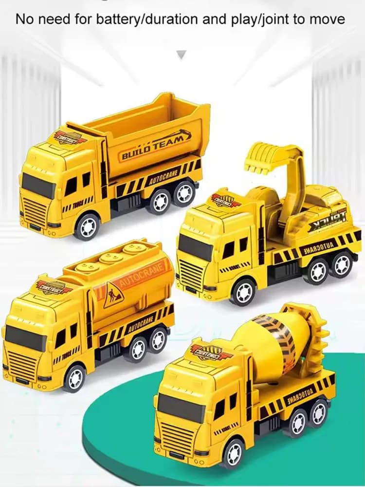Set of 4 Cars in Retro Charging, Vehicles Friction Toy, Set Constructions - Reboundable Trucks and Cranes for Kids and Girls, Gift