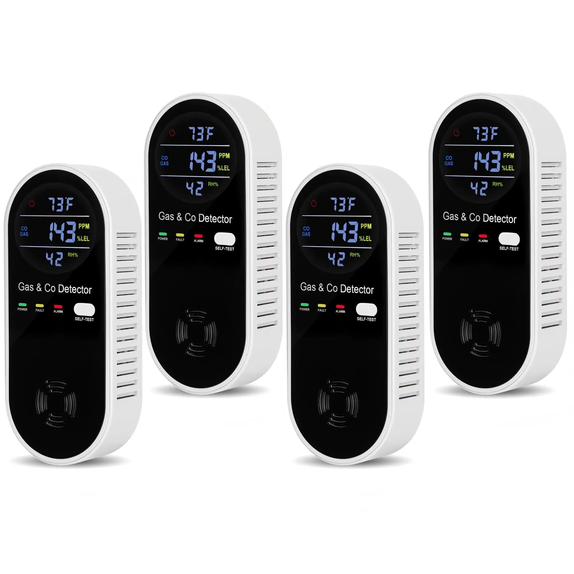 4 Packs Carbon Monoxide Detectors Plug in, 4-in-1 Natural Gas Leak Detector & Carbon Monoxide Detectors with Temperature & Humidity, Natural Gas Detectors for Home/Apartment/RV