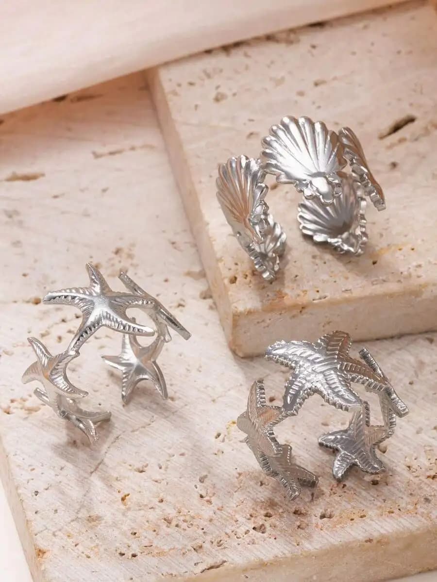 3pcs Ocean Style Star And Shell Open Rings Set For Women Bohemian Vintage Stainless Steel