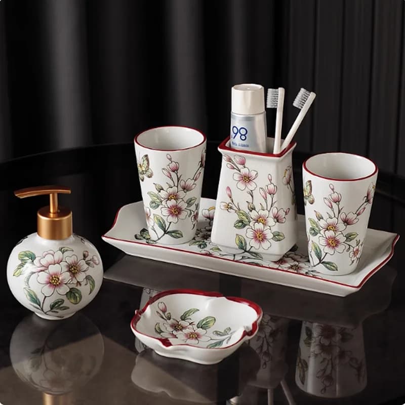 Haitang Flower Ice Cracked Glazed Ceramic Soap Dispenser, Bathroom Decoration Accessories, Toothbrush Holder, Soap Dish, Tray