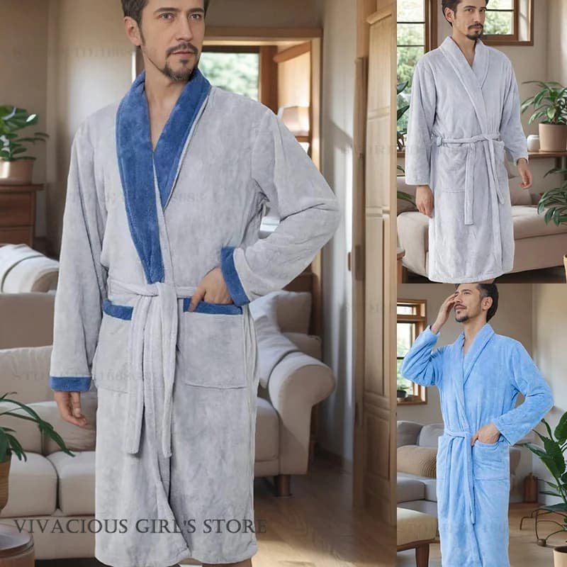Add to review Flannel Dress Men's Dress Kimono Bathrobe Dress Trained Casual Nightwear Dresses Winter Coral Pile Pigiama Vestaglia