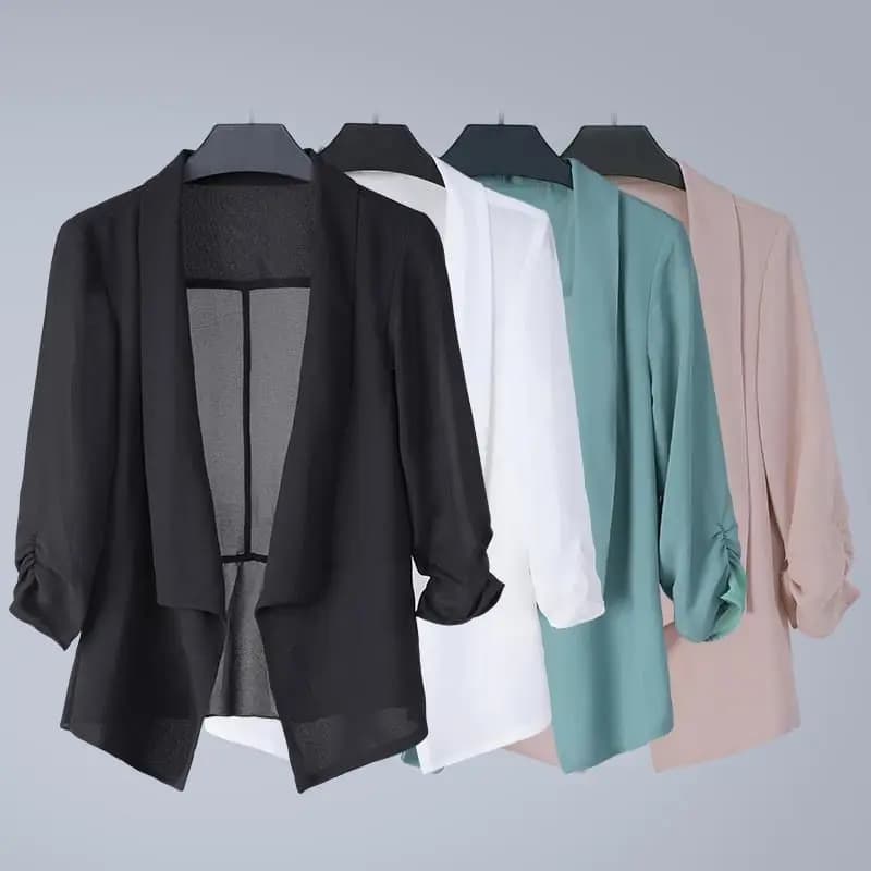Women's Short Shawl Cardigan Summer 2023 Thin Chiffon Blouse Casual Style Seven Sleeve Loose Fit Pure Color Versatile Suit Co...