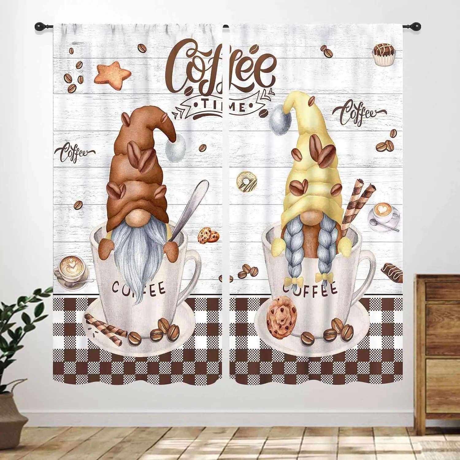 Coffee Gnome Cup Curtains, Brown Yellow Hat Dwarf Biscuit Bean Plaid Wood Board Window Drapes for Cafe Farmhouse Kitchen Decor