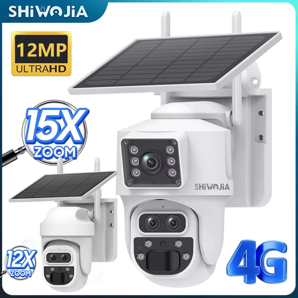 SHIWOJIA 12MP 6K 15X Zoom Telecamera solare 4G Doppio schermo Esterno Tre lenti 7800mAh Batteria Telecamera Rilevazione PIR Auto Tracking CCTV