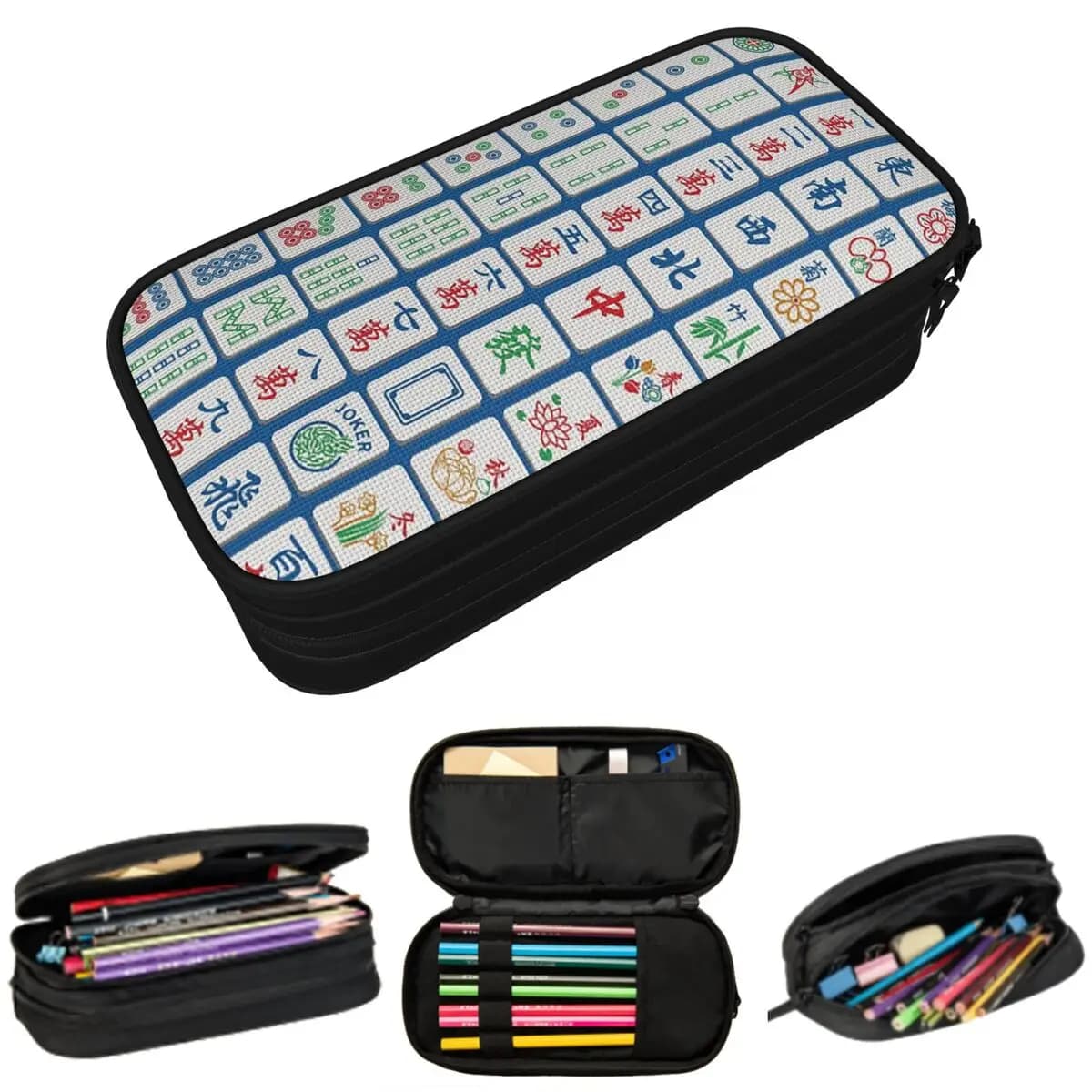Astuccio portapenne blu con motivi Mahjong per bambini e bambine, scatola per penne, borsa per cancelleria, porta penne