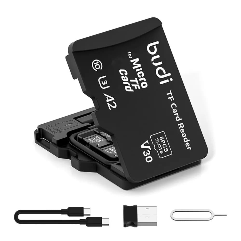 Lettore di Schede di Memoria BUDI TF con 8 Slot, Custodia per Schede di Memoria TF, Supporta USB Type-C e USB Compatibile