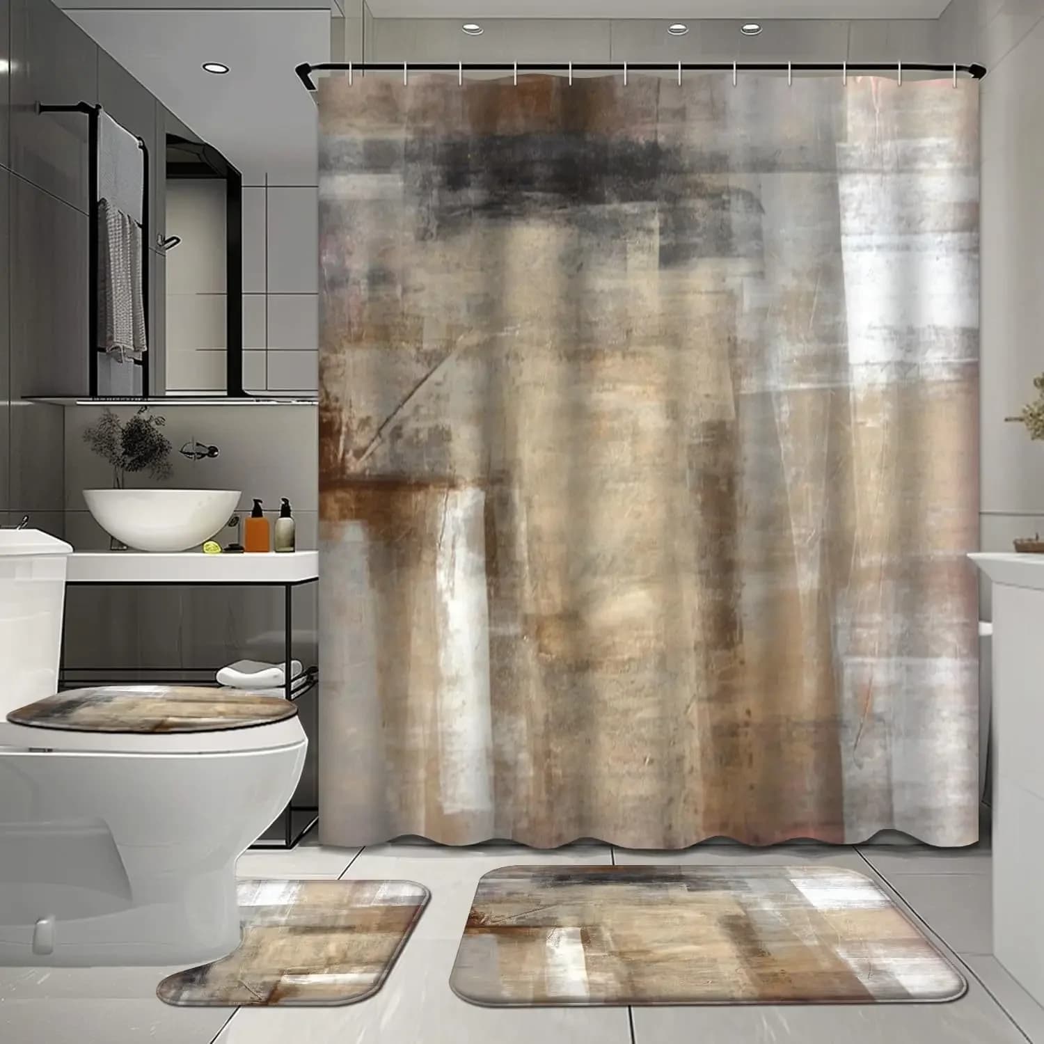 [4 Pcs Modern Bathroom Sets] 4 Pcs Brown and Beige Bathroom Shower Curtain Sets with Rugs, Modern Bathroom Sets with Shower Curt