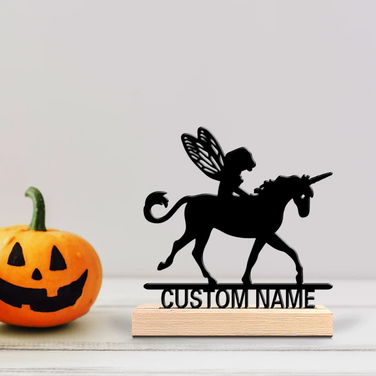 1pc Fun Personalized Custom Fairy riding unicorn Metal Statues With Wooden Base Tabletop Decoration Whimsical Desk Sculpture wit