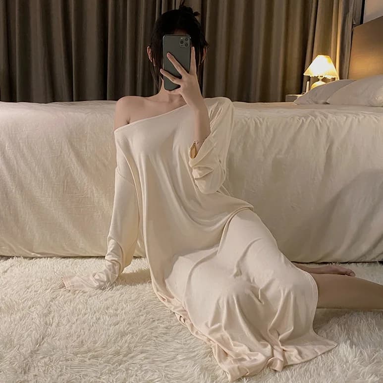 Night Shirt without backhorse skinny sexy women's skinny spring summer solid pajamas with casual female discoveries comfortable simple loungewear