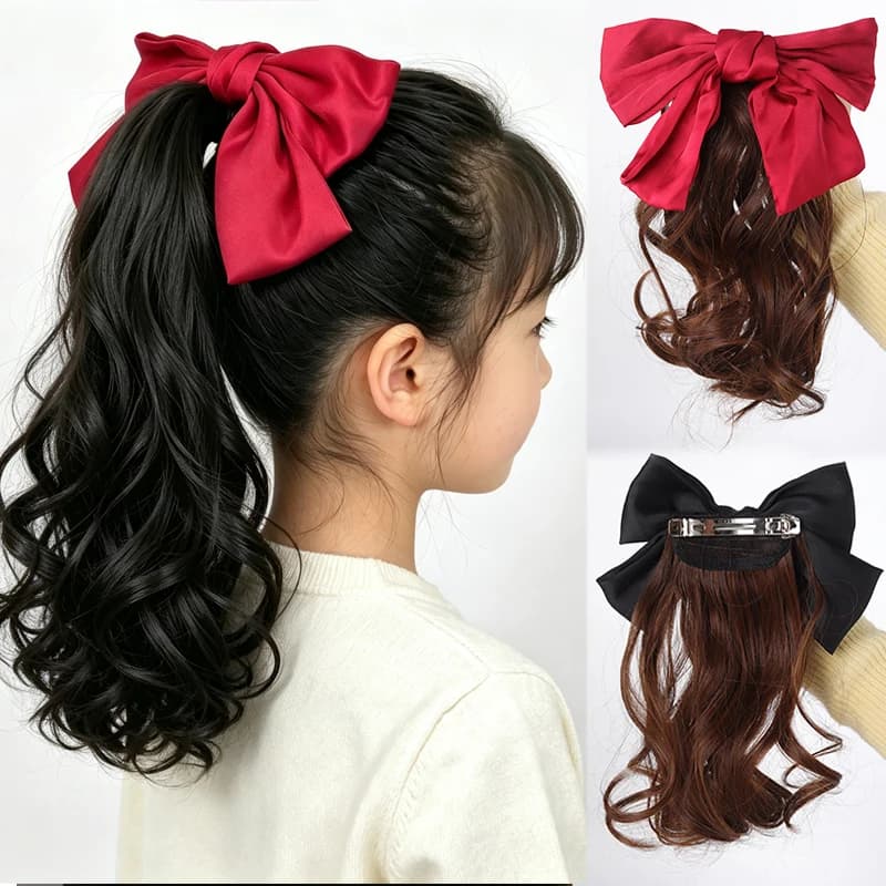 8 Inch Kids Synthetic Wavy Ponytail With Bow, Spring Clip On Short Curly Ponytail Hair Extension For Girls