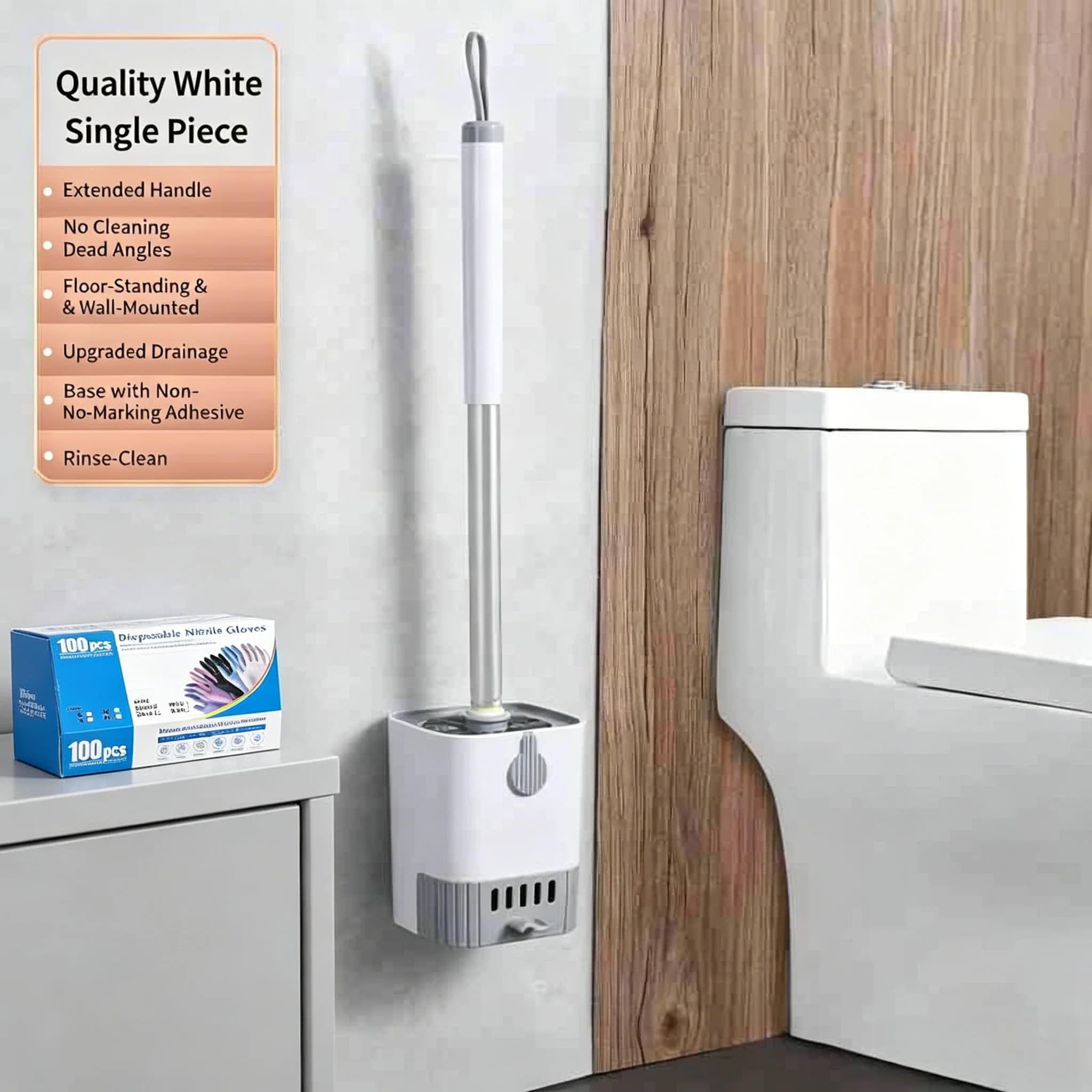 Hands-Free Wall Mount Toilet Brush Set with Adhesive Base, Heavy Duty NBR Disposable Gloves (100PCS), Antibacterial Bathroom Accessories