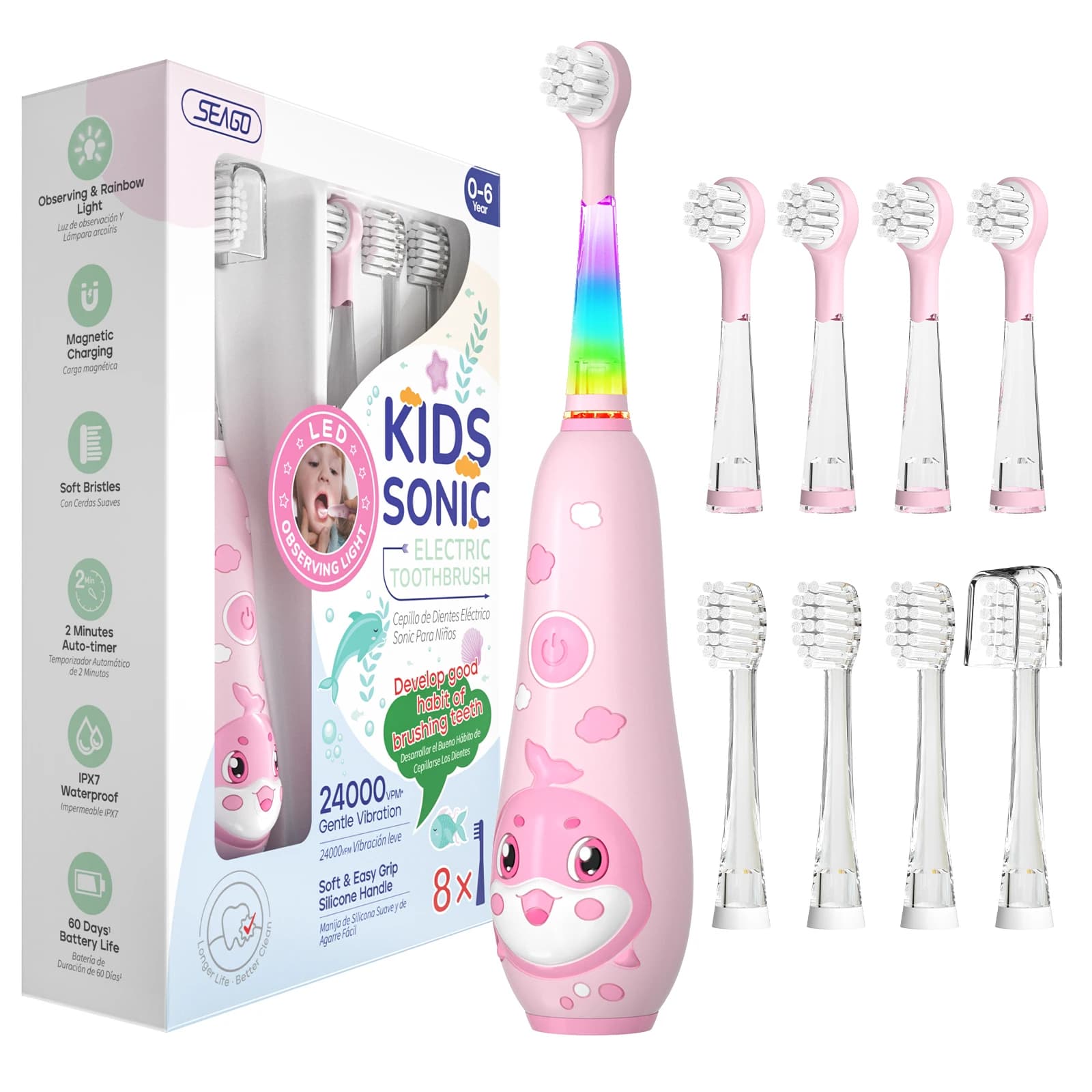 Children's Electric Brush Seago Kids Dolphin Colorful Observing LED 2 minutes Smart Timer IPX7 Waterproof Teeth Cleaning