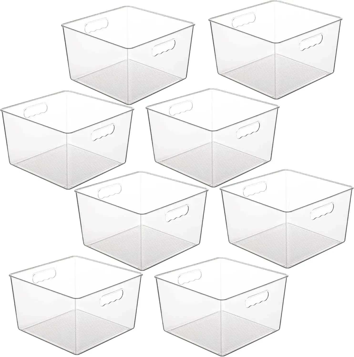 Set di 8 Contenitori di Plastica Trasparente Extra Grandi, Organizzatori Cubici in Acrilico 11x11 con Maniglia per Dispensa, Armadio, Lavanderia