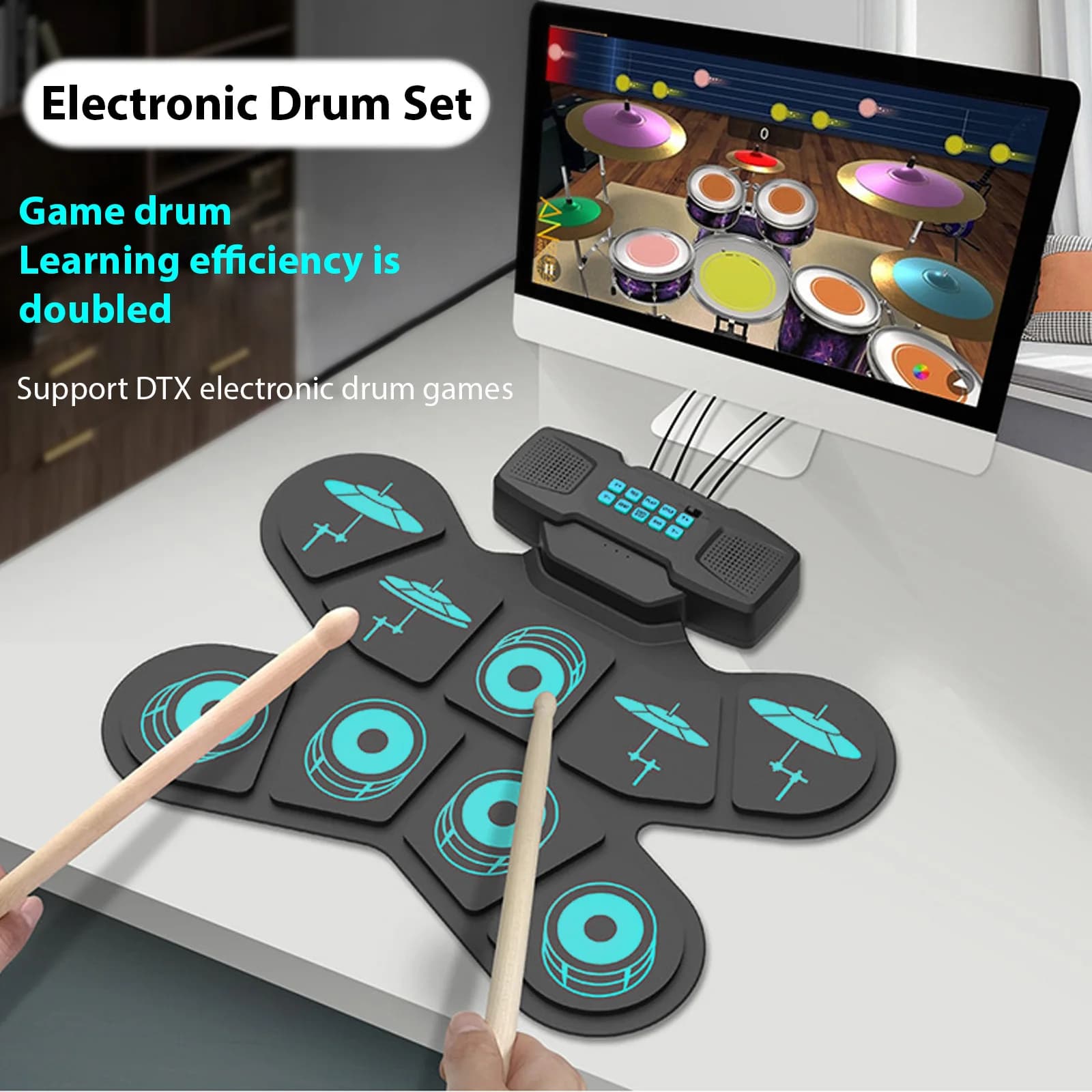 Set di batteria elettronica Tamburo a mano 9 pad Doppio altoparlante Kit di batteria ricaricabile per pratica con bacchette Pedale WGS505