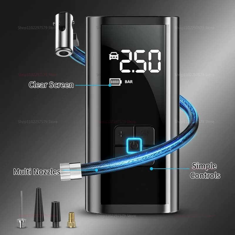 Pompa d'Aria Portatile per Auto, Gonfiatore Elettrico per Pneumatici con Display LCD, Compressore Multiuso per Moto, Biciclette e Palloni