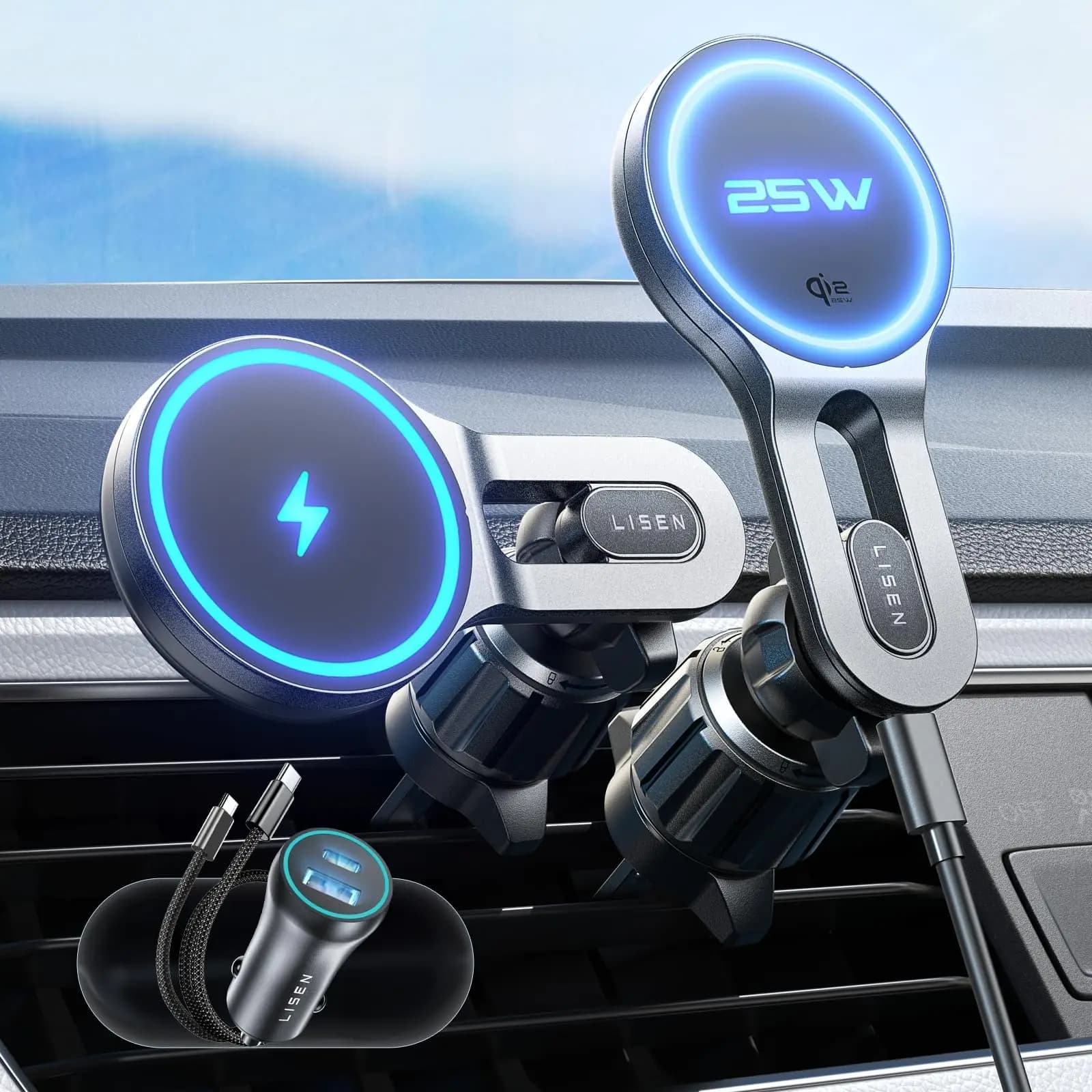 LISEN New Auto Support with Quick Charging Wireless Magnetic Refill Safe Qi2.2 from 25W and Phone Door for iPhone 17 Pro Max Samsung S25