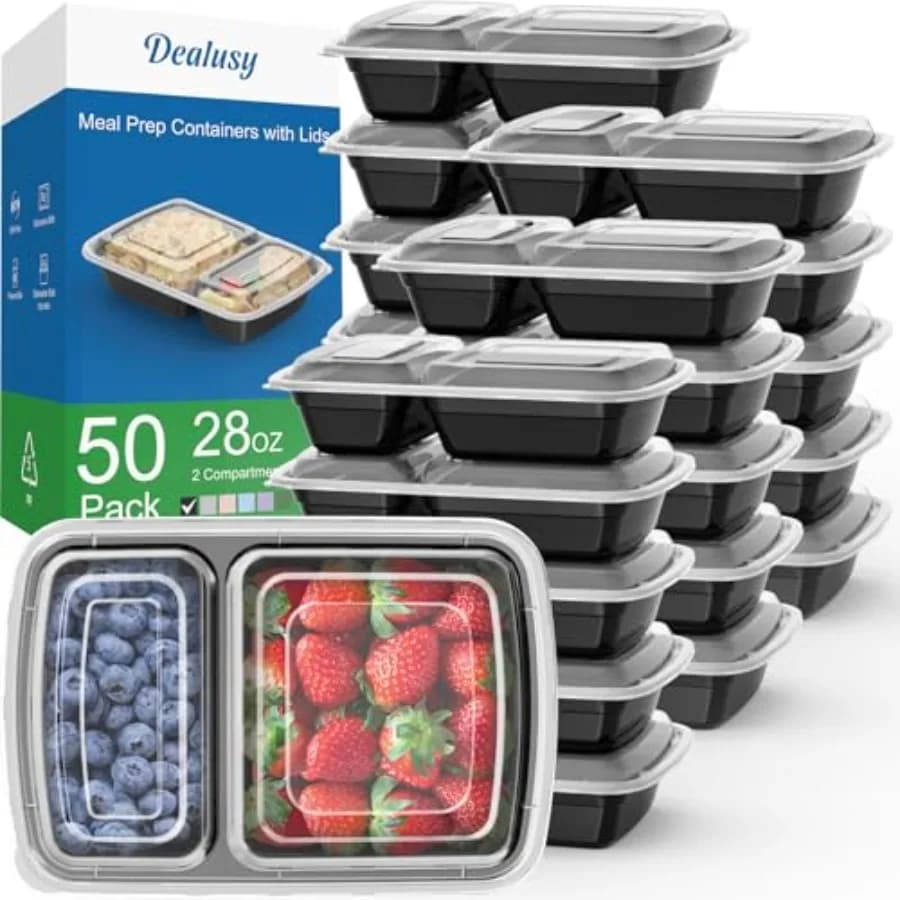 Confezione da 50 contenitori da 28 oz per la preparazione dei pasti, riutilizzabili con coperchi, a 2 scomparti, robusti, a tenuta stagna, adatti per alimenti, per microonde e congelatore