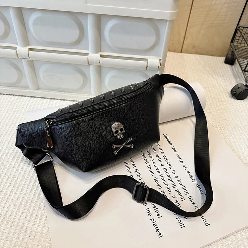 Men's Design Waist Hip-hop Terror Skull Chest Pack unisex Soft PU Waist Bag Travel bag for leisure Handbag for phone