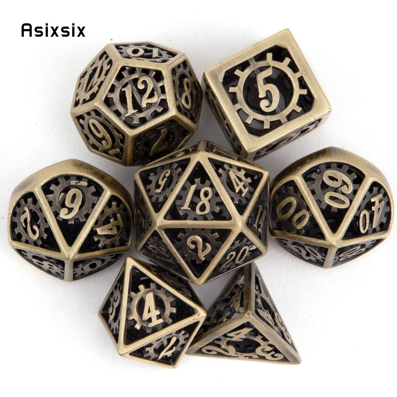 Set di 7 Dadi Poliedrici in Metallo Giallo con Ingranaggi, Dadi Cavi in Metallo Adatti per Giochi di Ruolo RPG e Giochi da Tavolo, Idea Regalo