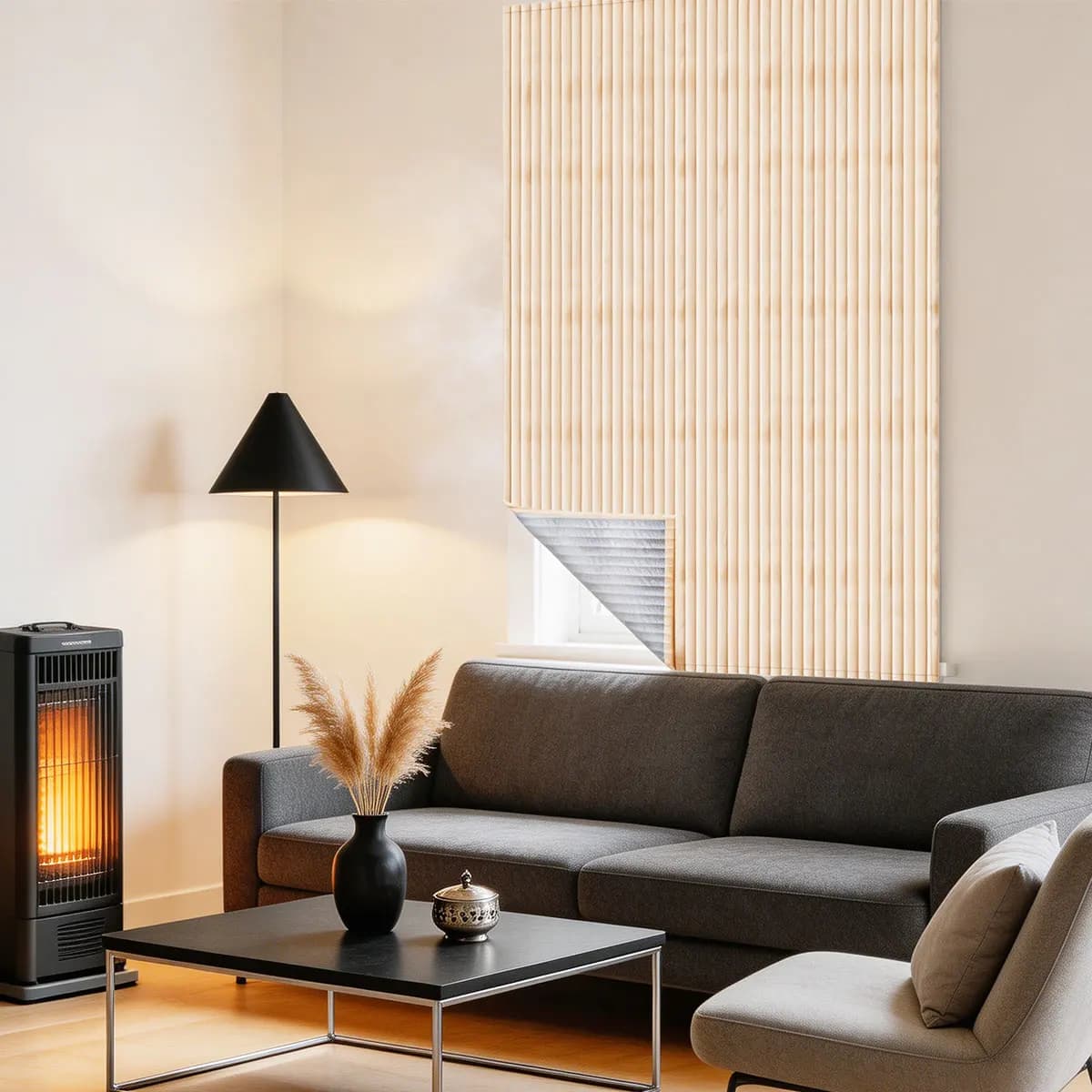 Vertical Striped Thermal Cold-Proof Curtains, Magic Tape No Drill Semi Privacy Flannel Shades for Bedroom Kitchen Small Windows