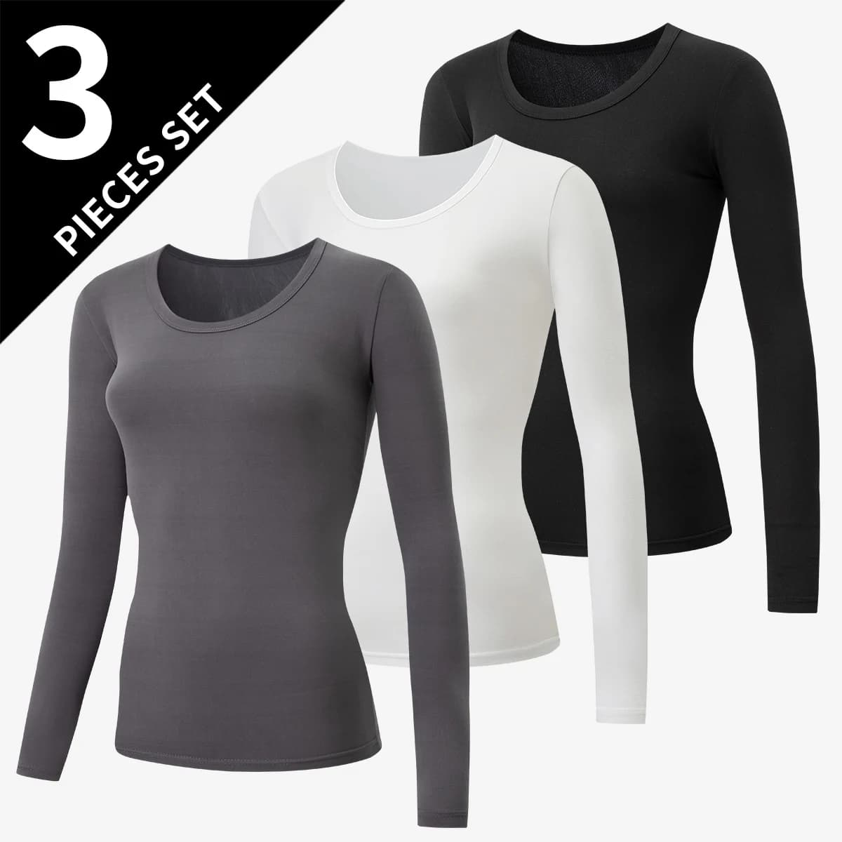 3-piece Set Of Autumn/Winter Women's Solid Color Classic Long Sleeved Base Shirt Comfortable Round Neck Casual T-shirt Warm Top