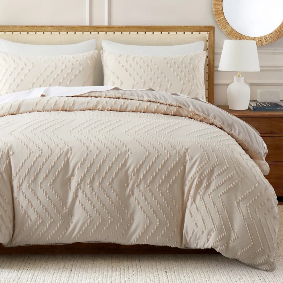 Copripiumino trapuntato a righe beige King, set copripiumino per biancheria da letto Boho, copripiumino geometrico strutturato con ricamo estetico