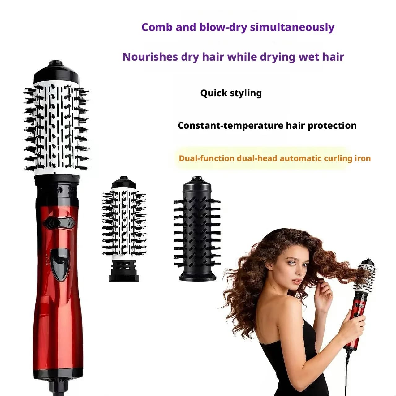 Spazzola ad Aria Calda a Doppia Testa 2-in-1, Asciugacapelli Volumizzante con Pettine, Temperatura Costante, Anti-Scottatura, Styling Rapido, Ferro Arricciacapelli per Tutti i Tipi di Capelli