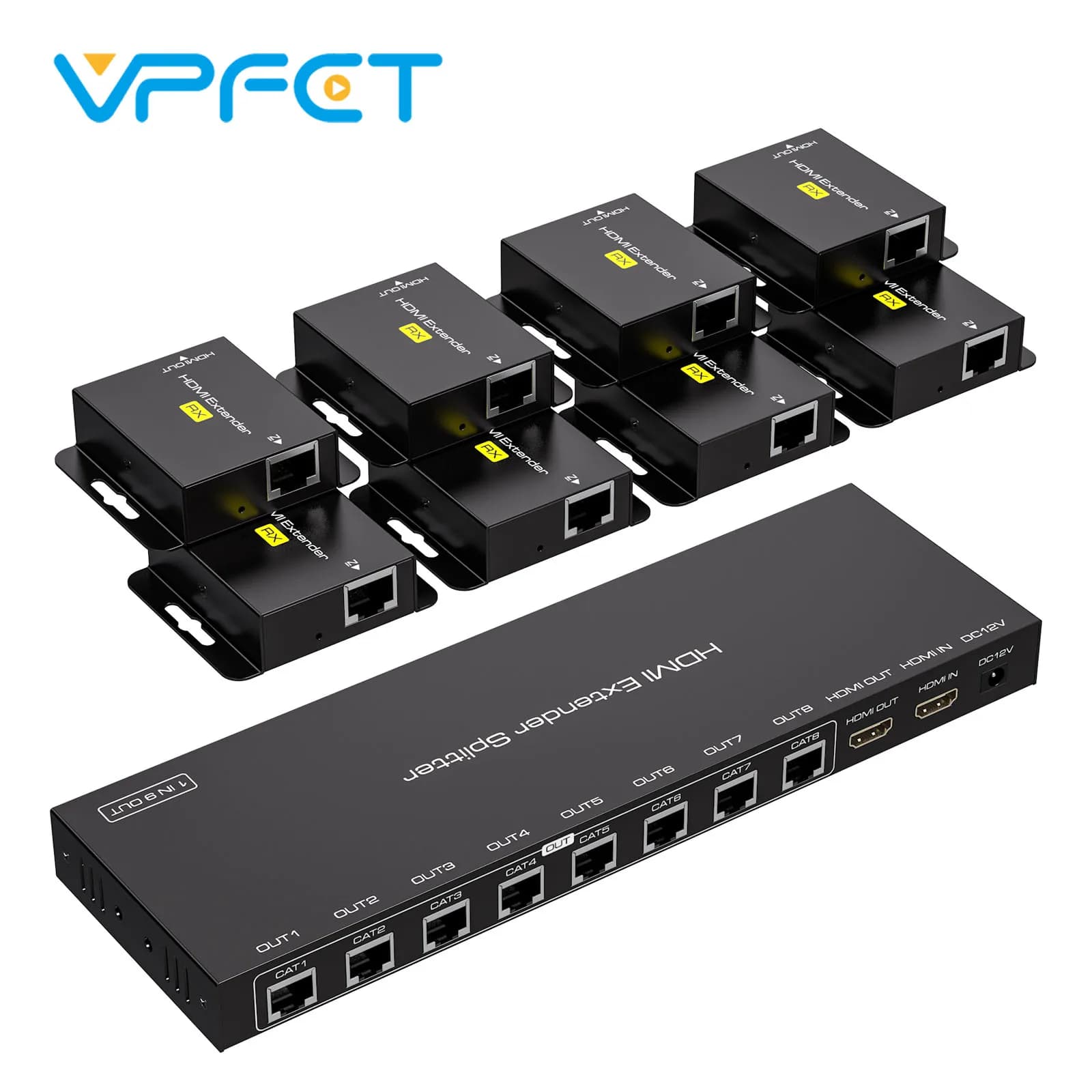 Splitter extender HDMI to 8 ports 1 input 8 outputs on Ethernet Cat6/7 up to 50 m / 165 feet with 1 loop out HDMI Support 1080P to 60 Hz EDID