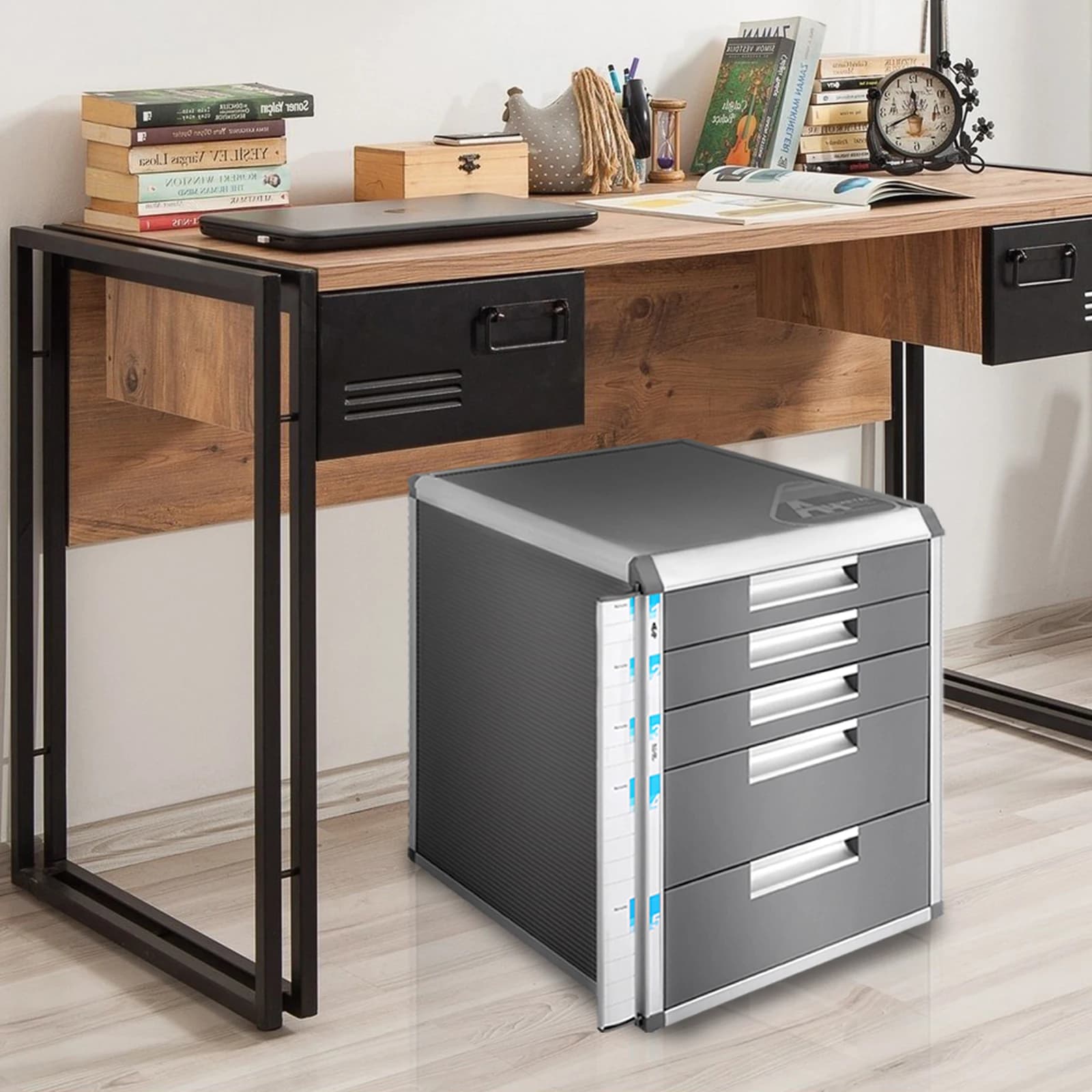 Scatola porta documenti con serratura da 13,78"x12,4"x15,94", organizer per file a 5 cassetti, armadietto per ufficio, struttura in lega di alluminio e MDF