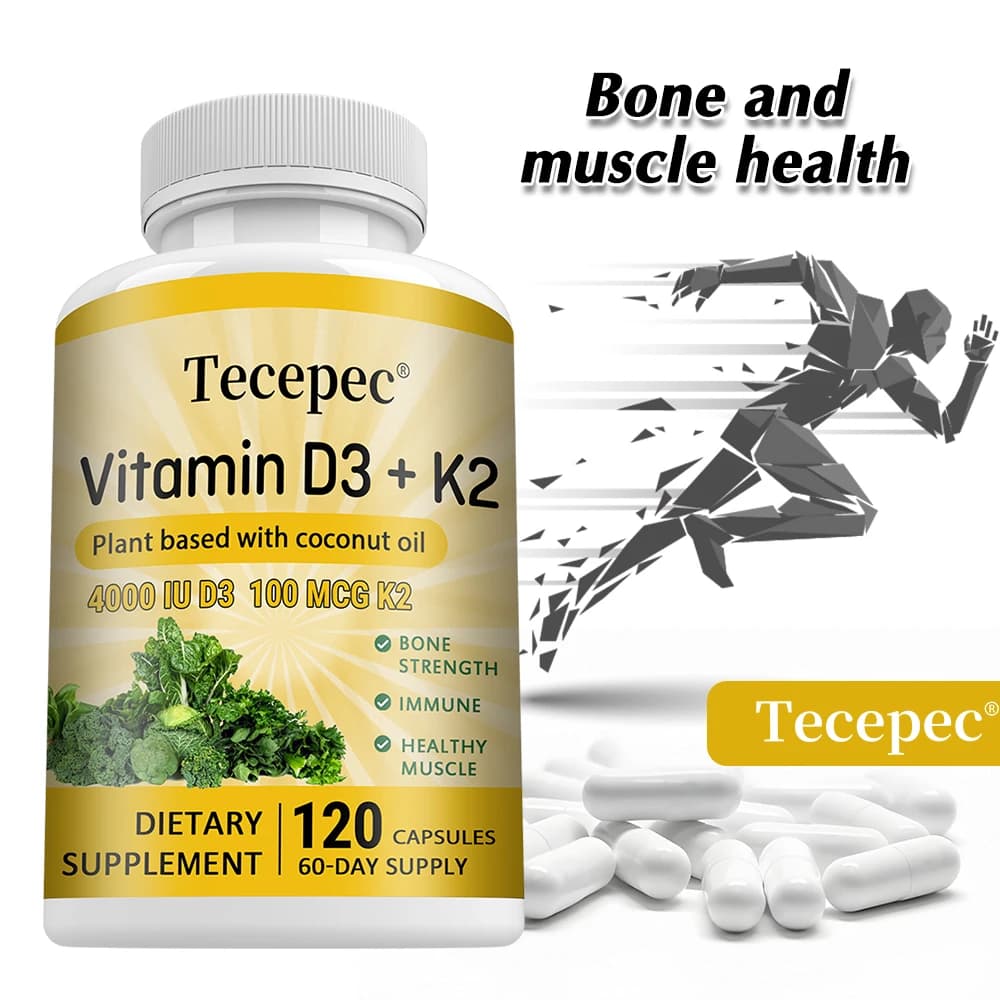 Vitamin D3 + K2 Capsules supports bone, heart and immune system health, promotes absorption, digestion and maintenance, non-GMO supplement