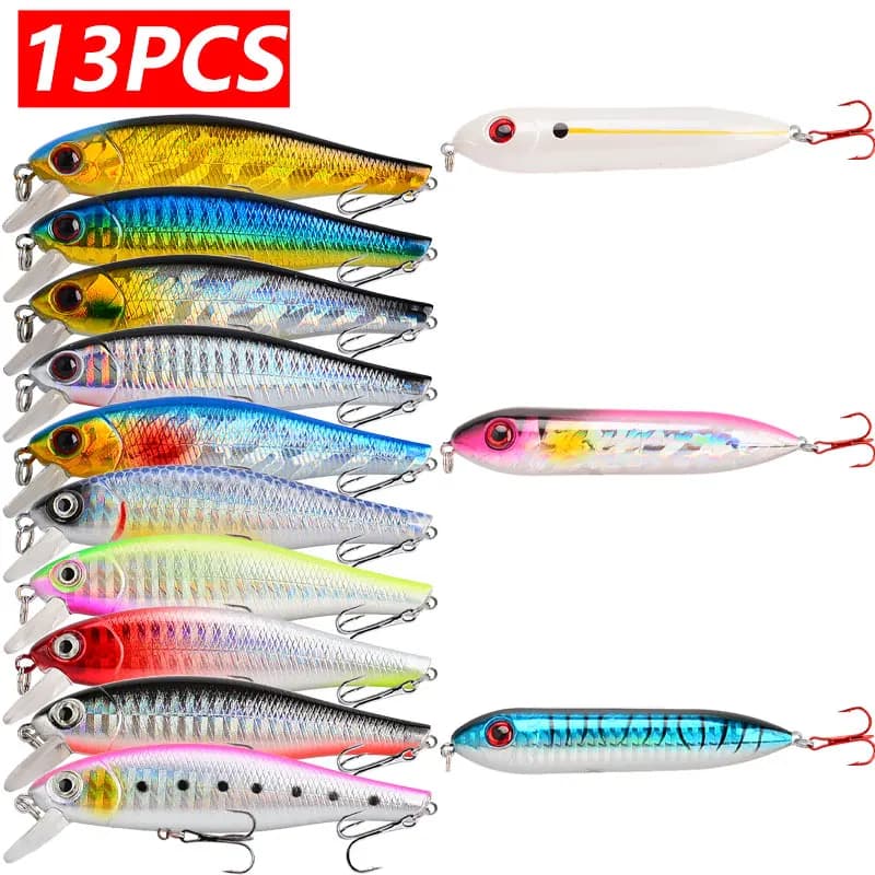13pcs/lot Fishing Lures 9g Minnow & 12.7g Pencil 3D Eyes Perch Artificial Bait Pike Carp Bait Swim Bait Fishing