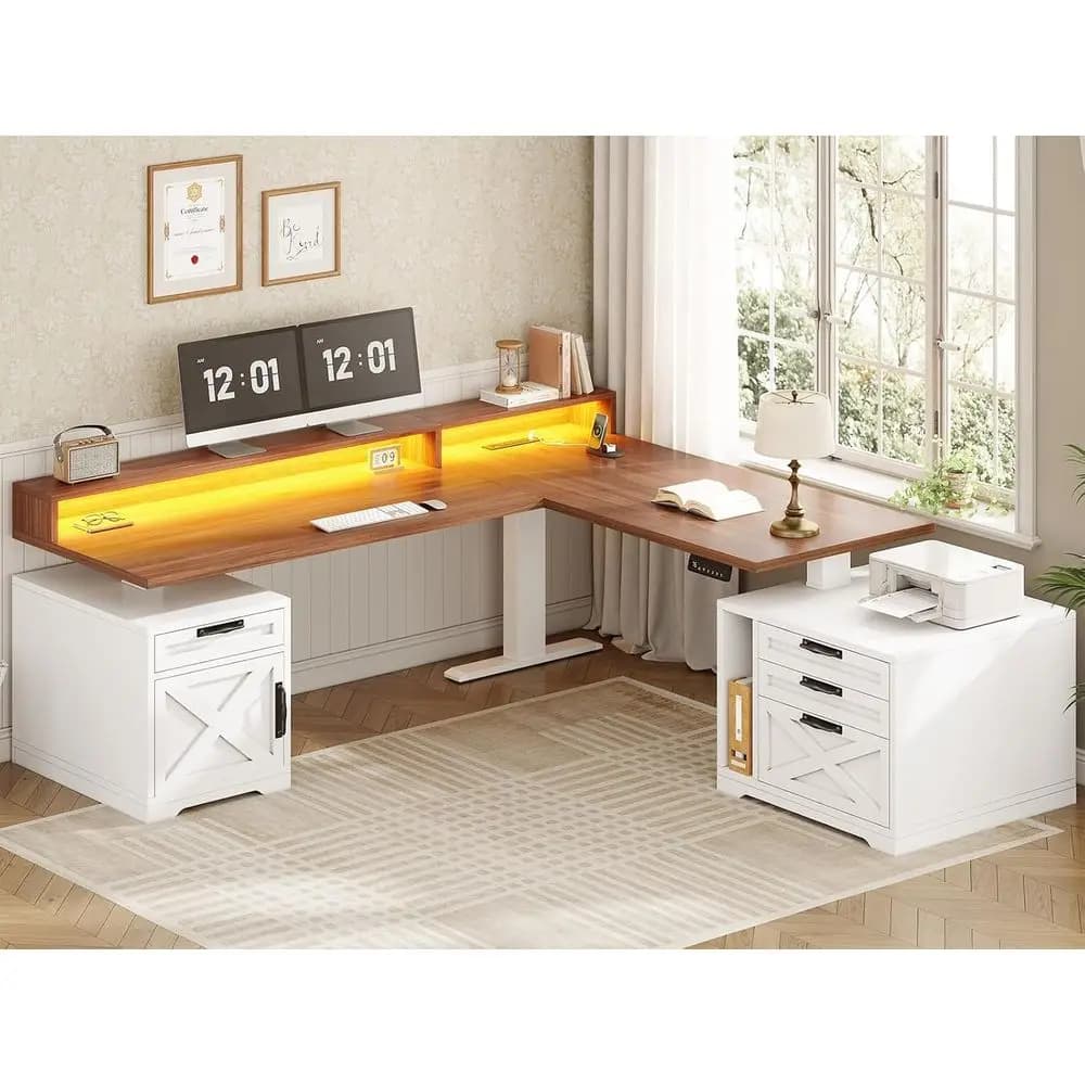 L-Shaped Height-Adjustable Standing Desk, 70.1 x 73.2, with Drawers, Power Outlet, Monitor Stand, LED Lights for Home Office, Wh