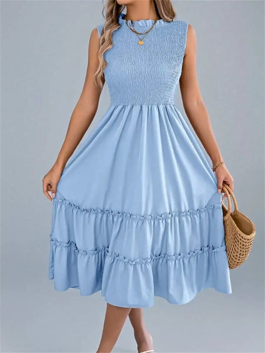 Summer Sleeveless Smocked Dress Women Crewneck Ruffle Flounce Hem Solid Color Casual Beach Vacation Midi