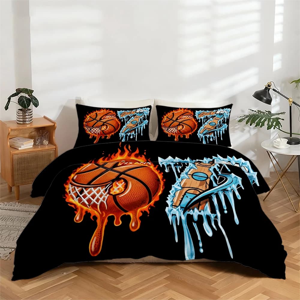 Set di biancheria da letto stampata digitalmente ad alta definizione, set copripiumino con motivi a pallacanestro e sculture di ghiaccio, set copripiumino con motivo grande, include 1 copripiumino + 2 federe, adatto per camera da letto, stanza degli ospiti, decorazione domestica, set copripiumino + federe in fibra di poliestere, set da tre pezzi, biancheria da letto ultra morbida, tessuto spesso, adatto a tutte le stagioni, lavabile in lavatrice, 3 pezzi