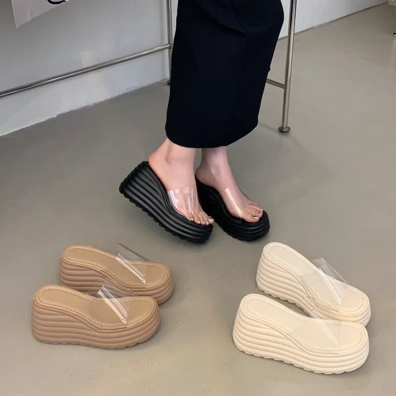 2025 New Fashionable Summer Slippers for Women Wearing Thick Bottom Slope Heel Sandals Transparent High Heel 9cm Slippers