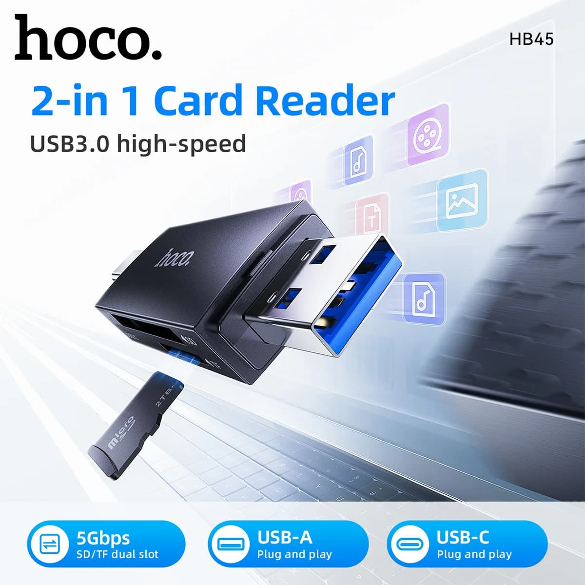 Lettore di schede HOCO 2 in 1 USB A/USB C 3.0 a SD TF3.0 Dispositivo per schede di memoria Adattatore OTG a trasmissione veloce da 5 Gbps 2 TB per telefono portatile