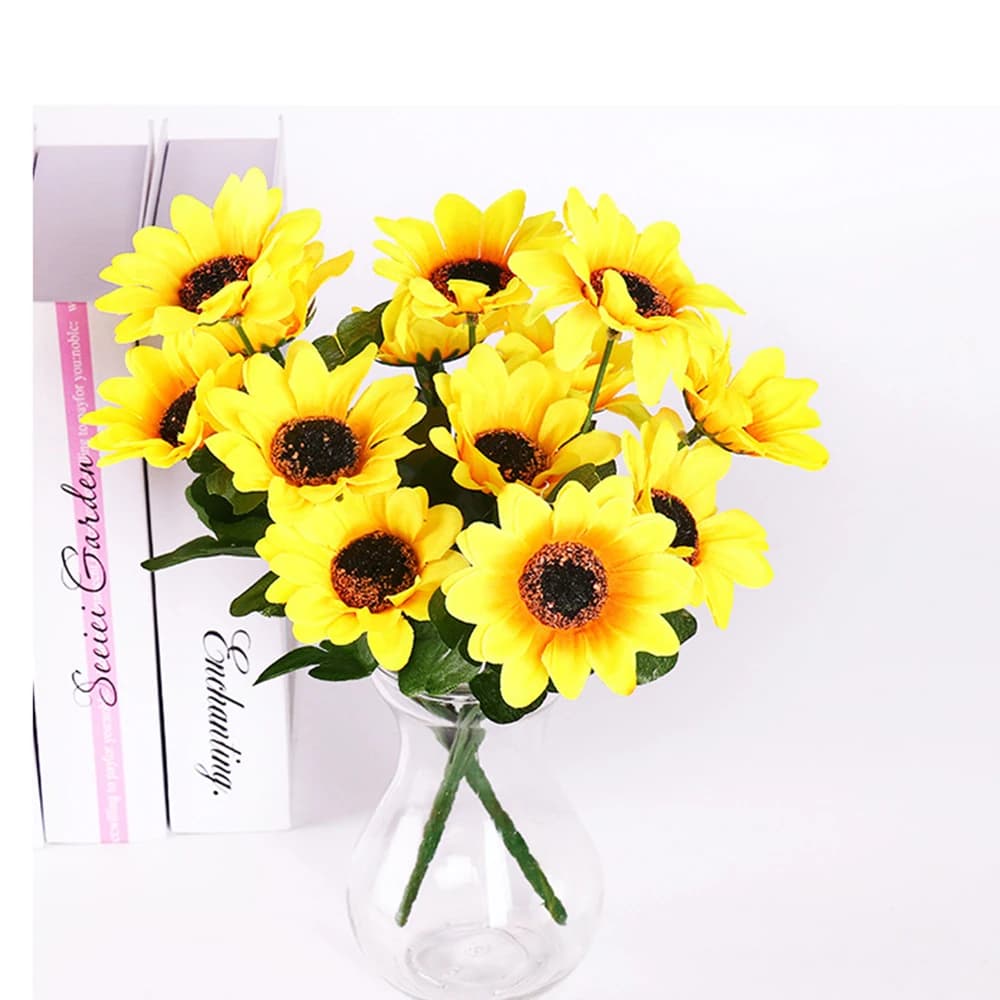 1 pezzo di girasole artificiale a 7 teste di girasole, bouquet, decorazione domestica di nozze e fiori artificiali