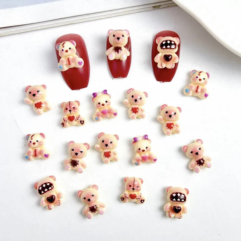 30PCS Resin Cartoon Heart Teddy Bear Nail Art Charms 3D Cute Powder Blusher Bear Nail Decoration Accessories for DIY Manicure
