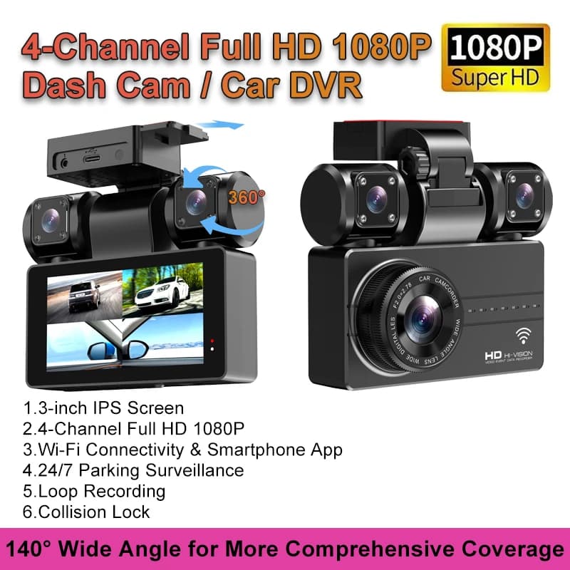Video Recorder for Auto DVR at 4 Channels 1080P from 3 Poles, Vision Corner 140 Degrees, Night Vision, Loop Registration, Navigation