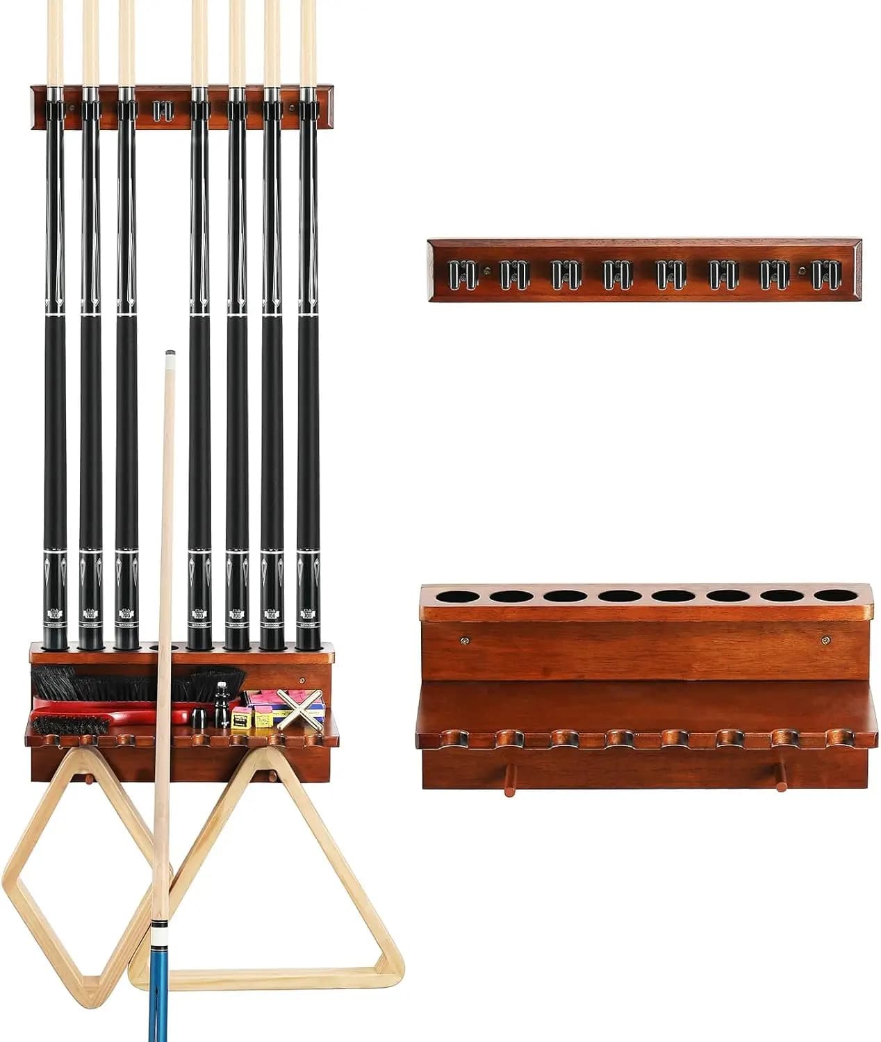 Supporto da Parete per 8 Stecche da Biliardo, Organizzatore in Legno Duro per Accessori e Attrezzature da Tavolo