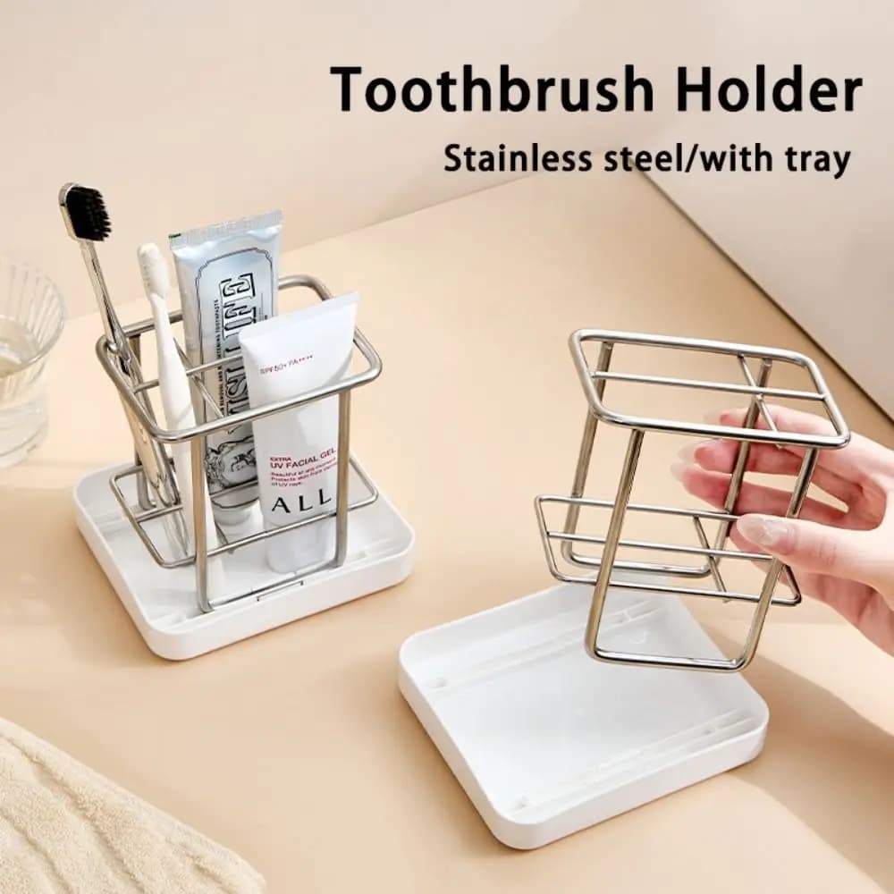 Portaspazzolino Semplice in Acciaio Inossidabile con Vassoio, Portaoggetti Multifunzionale per Lavabo, Scatola di Stoccaggio con Drenaggio per Bagno