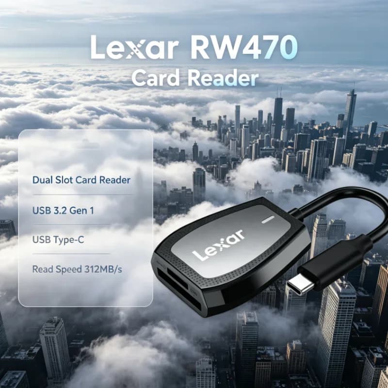 Lexar RW470 2-in-1 USB 3.2 Gen1 Type-C Dual Slot SD microSD Memory Card Reader UHS-II for Camera Data Transfer