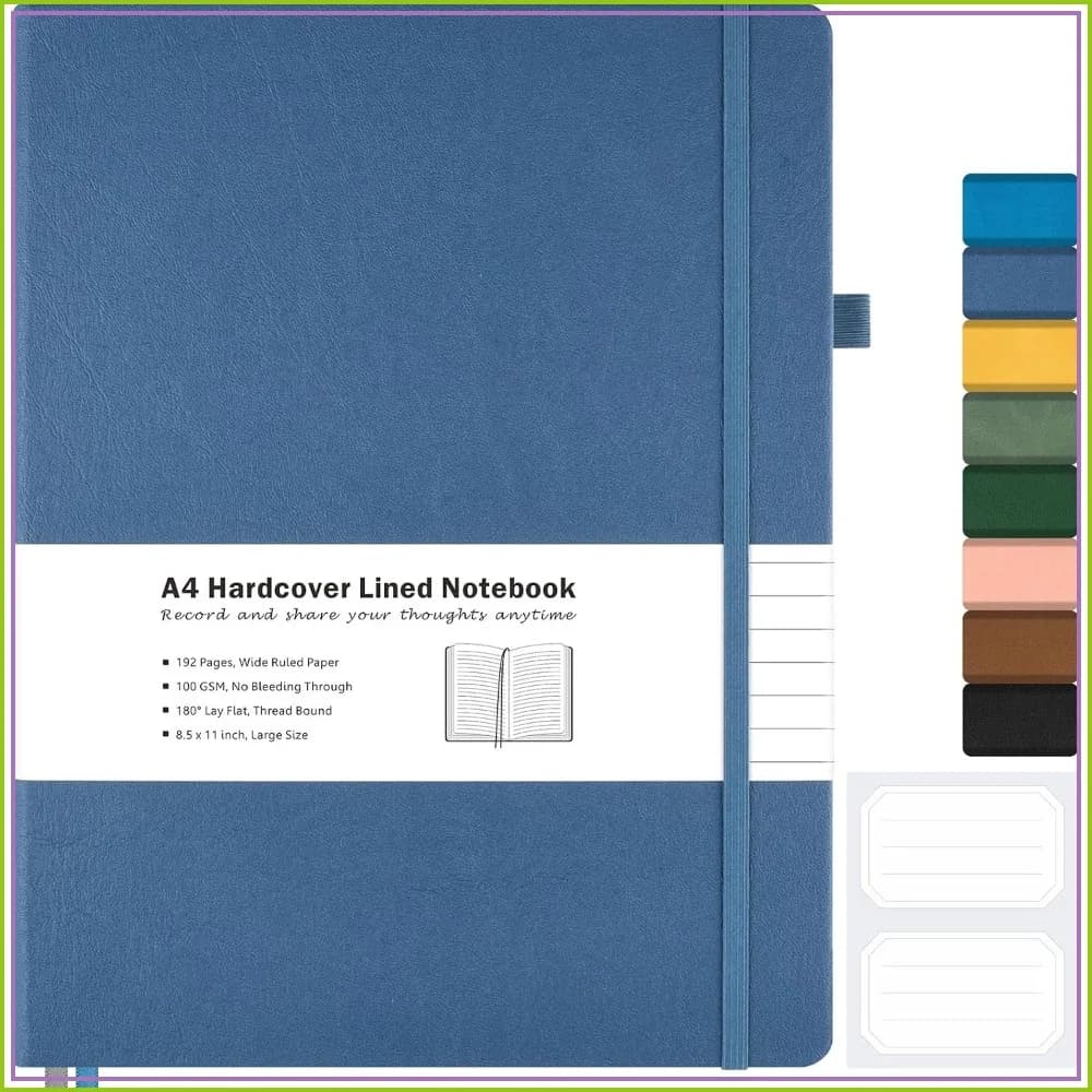 A4 Leather Journal, 8.5x11, 192 Thick Pages, Wide Ruled, Lay Flat, Blue