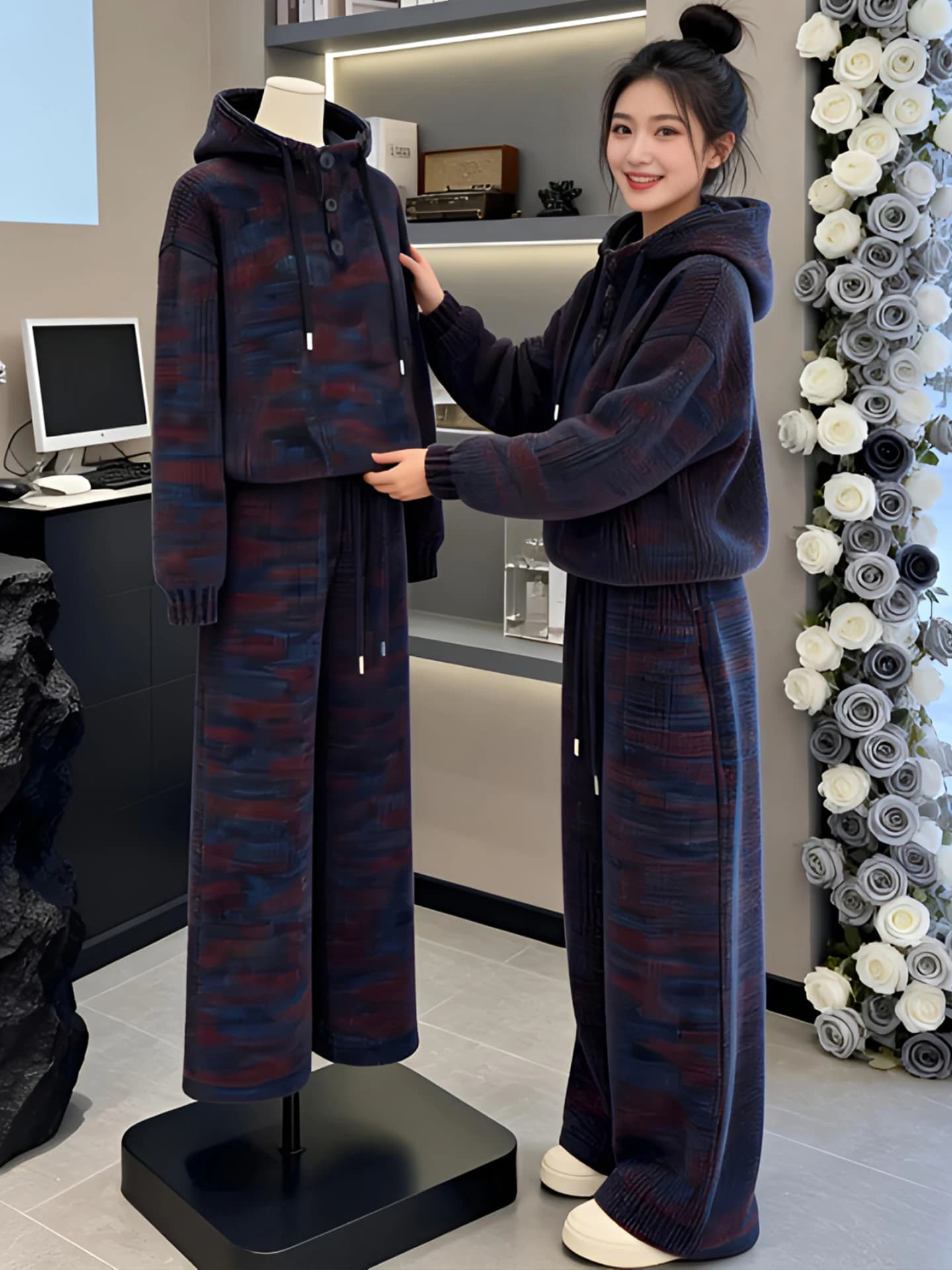 Nuovo Set Invernale da Donna: Felpa con Cappuccio Bicolore e Pantaloni a Gamba Larga con Coulisse in Vita, Design alla Moda e Casual