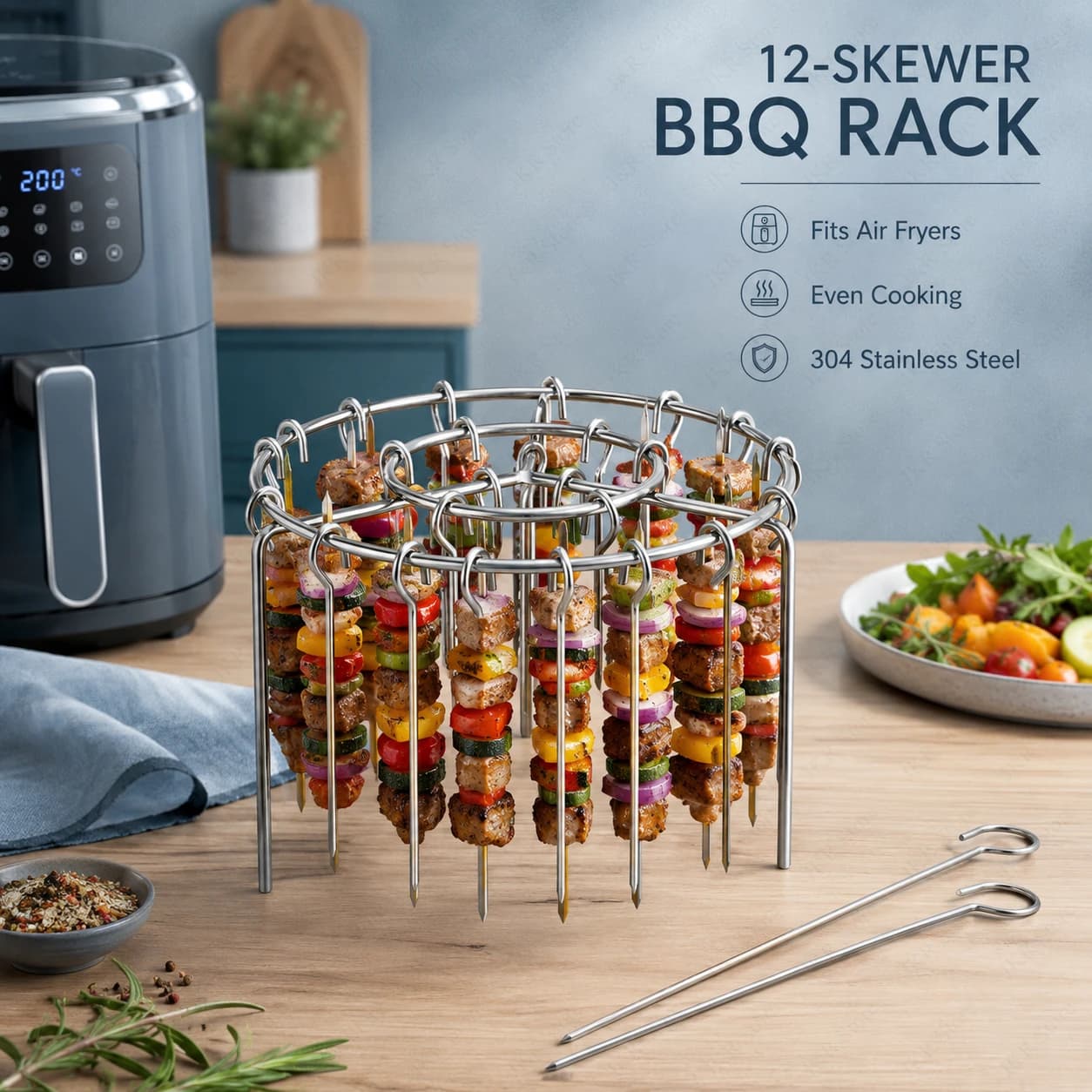 Vertical Round Grill Rack Stainless Steel BBQ Skewer Stand with Hanging Skewers for Air Fryer Barbecue Party Cooking