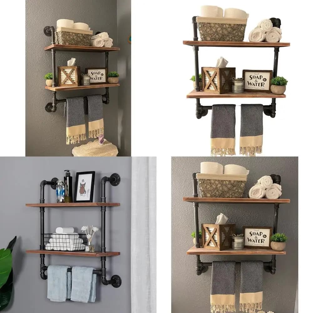 Mensole Galleggianti Rustiche a 2 Livelli da Parete con Porta Asciugamani per Bagno, Decorazione in Legno da 50 cm