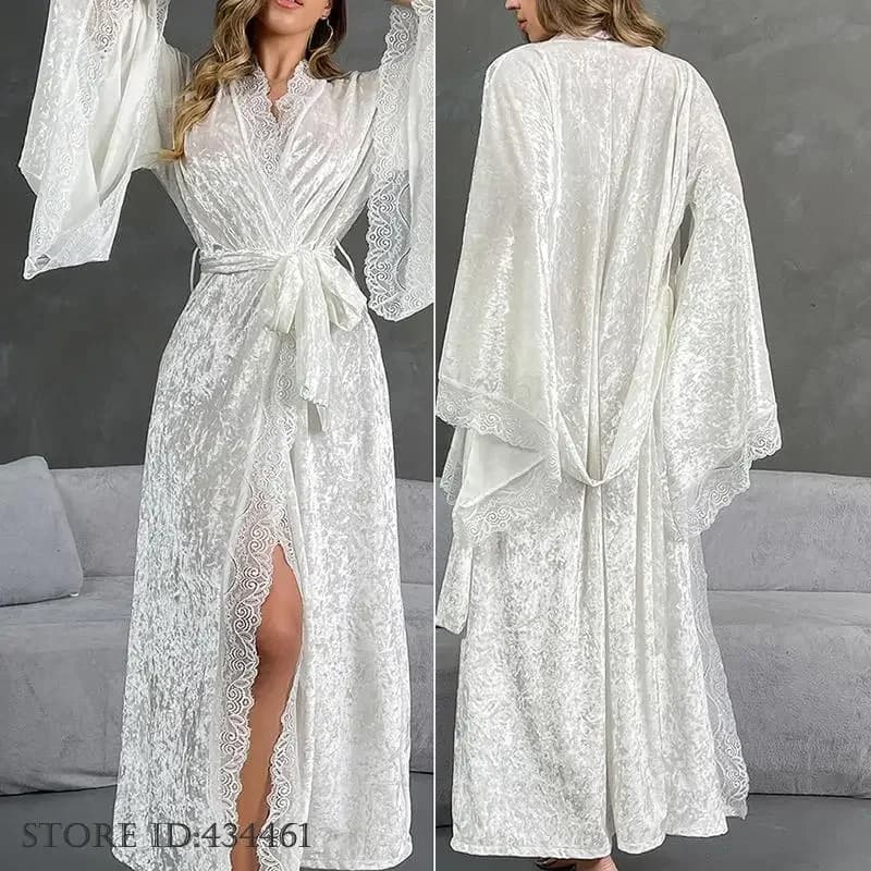 Elegant Long Velvet Dress White Kimono Bathrobe Lace Sexy Dress Women's Dress Nightwear Autumn Velvet Pigiama Vestaglia