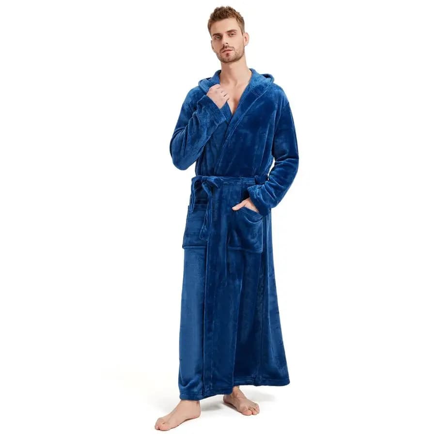 Men's fleece bathrobe, strong sizes, long with hood, warm and comfortable, with shawl neck and pockets