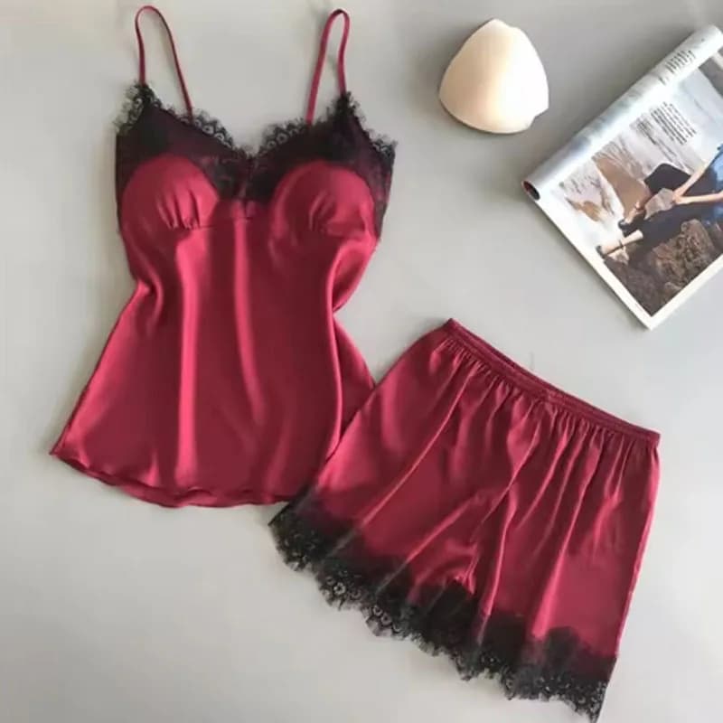 Women Pajama Suit Fashion V-Neck Lace Sexy Lingerie Pyjamas Sleep Shorts Set New Sleepwear
